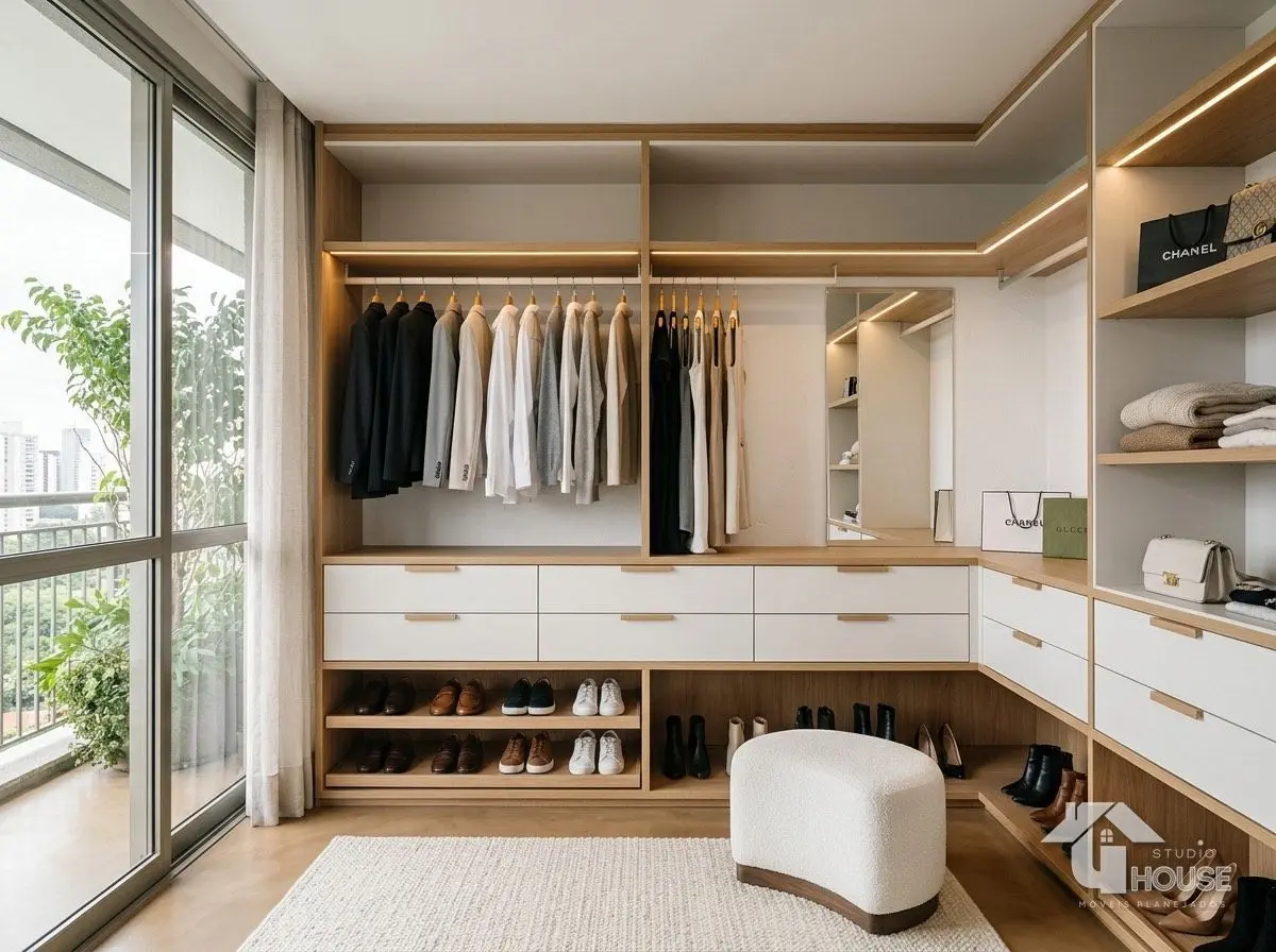 Closet planejado minimalista com cabideiros, gaveteiros e iluminação LED