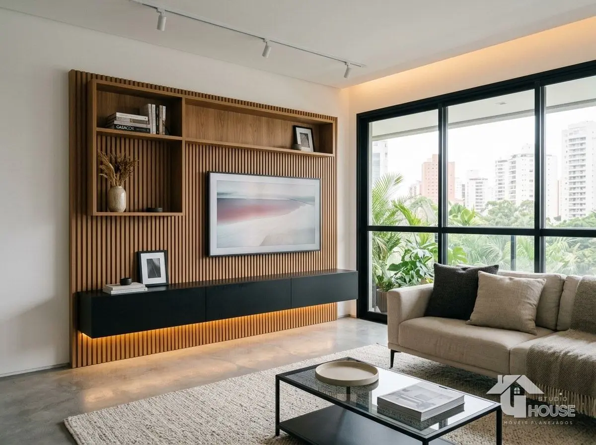 Sala de estar planejada minimalista com painel ripado e home theater